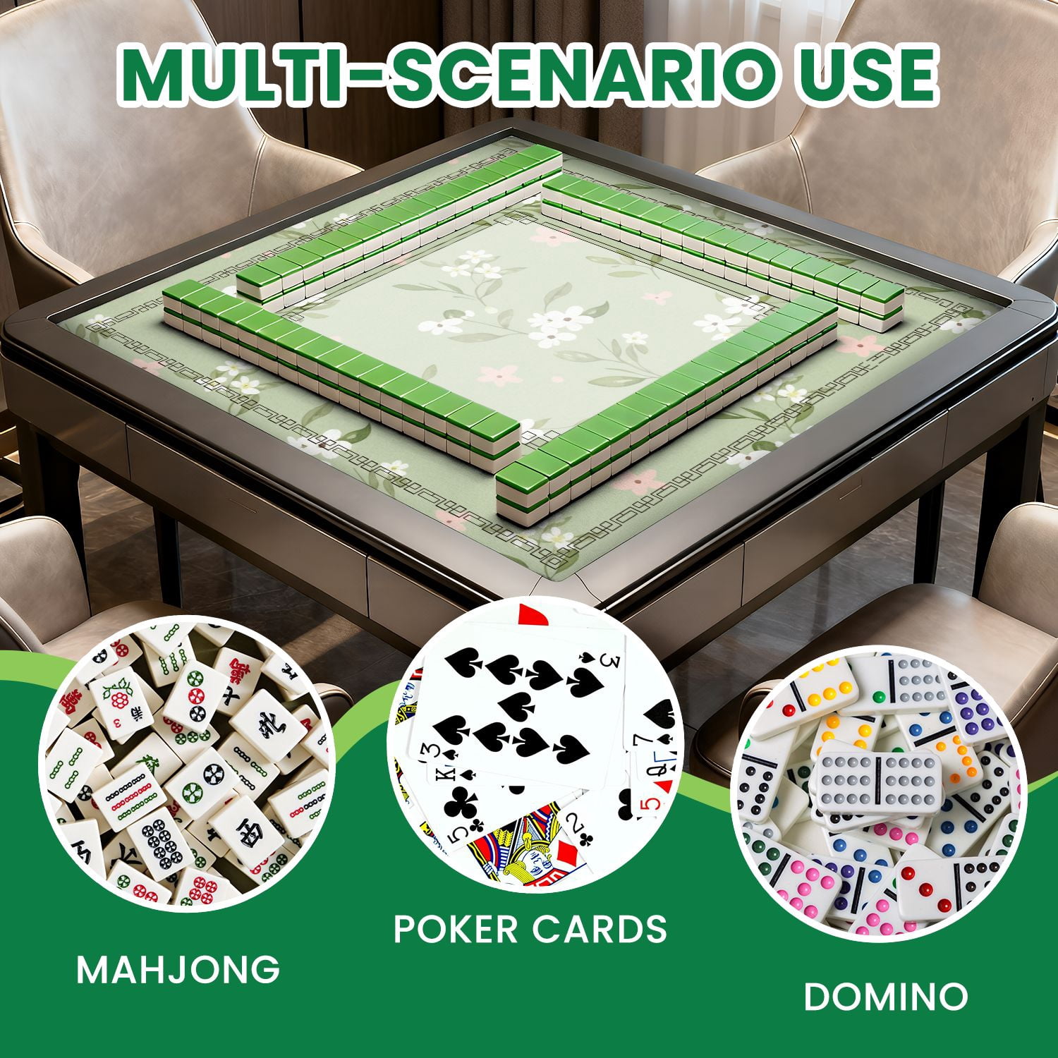 Mahjong Mat 31.5" x 31.5" Seamless Watercolor Floral White Blossoms Green Non-Slip Noise Reduction American Mahjong Tiles Table Cover for Dominoes Poker Card Board Games Gift