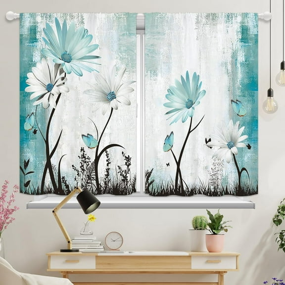 Farmhouse Teal Blue Daisy Floral Kitchen Curtains Rustic Turquoise White Flower Small Short Modern Country Cafe Curtains for Bathroom Window Treatment Tiers 27.5x39 Inch 2 Panels