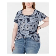 TOMMY HILFIGER Womens Navy Paisley Short Sleeve Scoop Neck Top Plus Size: 1X