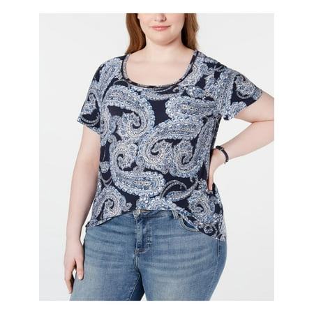 TOMMY HILFIGER Womens Navy Paisley Short Sleeve Scoop Neck Top Plus Size: 1X