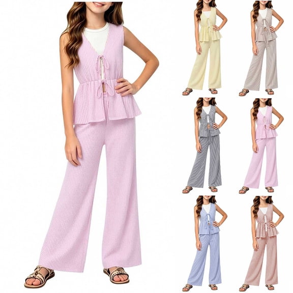 FRSASU Girl's Summer Striped 2 Piece Set Casual Bow Tie Vest and Wide Leg Linen Pants Matching Set Beach Vacation Outfits Yellow