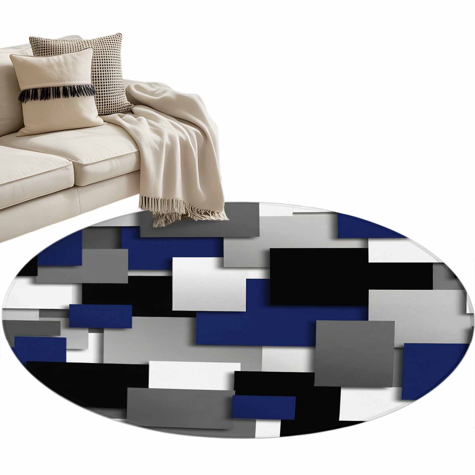 Navy Blue Black Geometric Round Rug 3ft Washable Circle Entryway Rugs Non Slip Modern Abstract Art Block Area Rug Indoor Floor Carpet for Bedroom Kitchen Living Room Home Office Dining Room Nursery