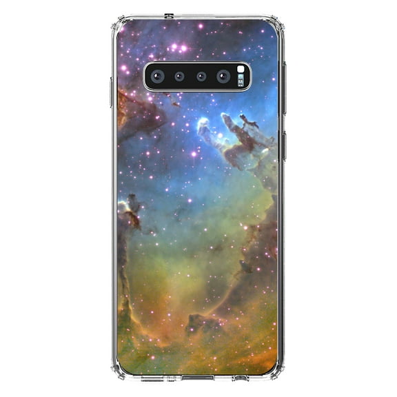 DistinctInk Clear Shockproof Hybrid Case for Samsung Galaxy S10  PLUS(6.4" Screen) - TPU Bumper, Acrylic Back, Tempered Glass Screen Protector - Eagle Nebula Orange Blue -Astronomy