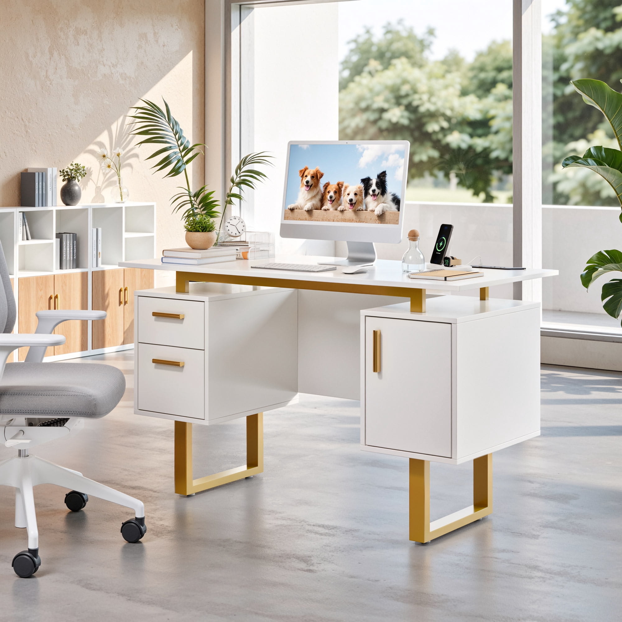 Furnibear Computer Desk with 2 Drawers and Storage Cabinet, Modern Home Office Desk with Built-in Outlets, USB Ports, White