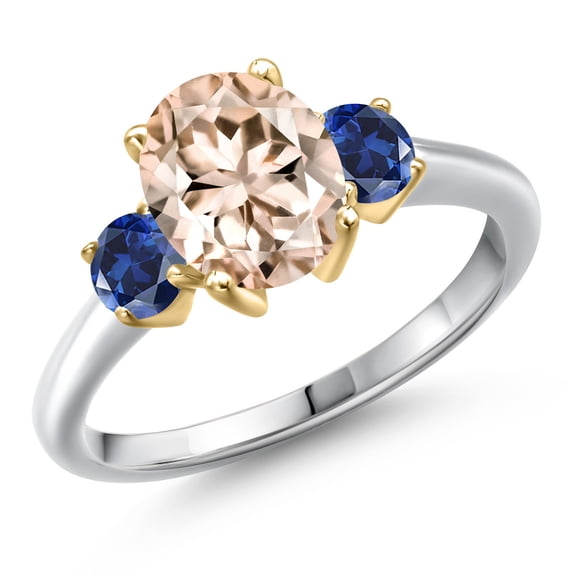 Gem Stone King 10K Two Tone Gold Peach Morganite and Blue Created Sapphire Engagement Ring for Women | 2.10 Cttw | Oval 9X7MM | Gemstone October Birthstone | Size 6