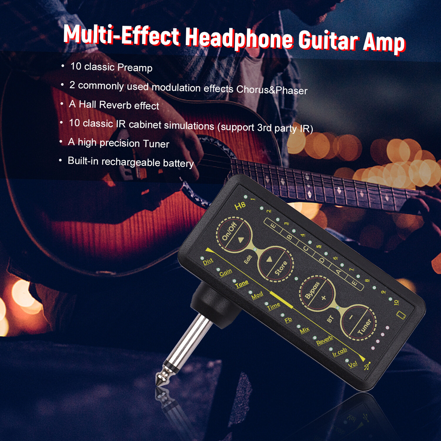 ammoon Multi-effects Guitar Headphone Amplifier Rechargeable Pocket Headphone Guitar Amp with 3.5mm Jack 10 Preamp Chorus Phaser Reverb Delay Tuner for Personal Practice