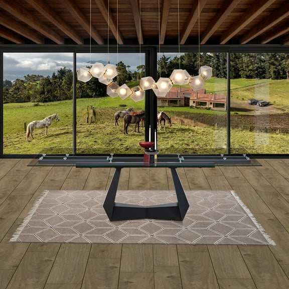 Davee Extendable Dining Table With Transparent Glass Top and Black Steel Stand