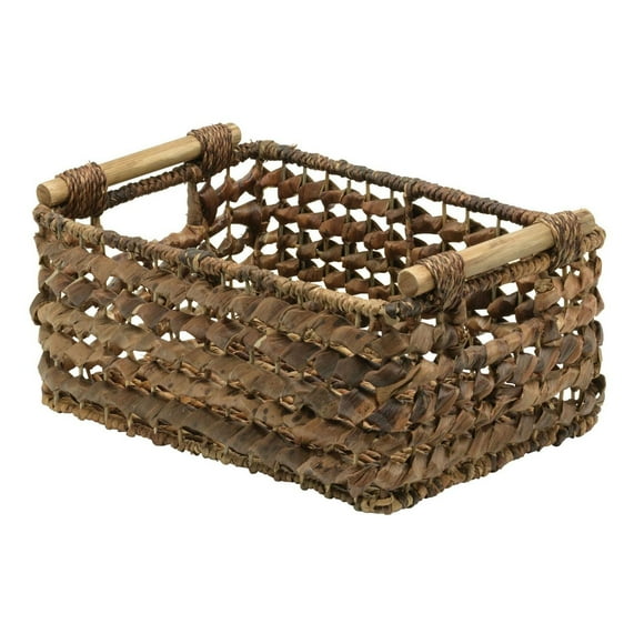 Panier de rangement tissé bacbac avec poignées en bois naturel brun rustique