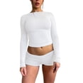thumbnail image 3 of Diconna Ensemble de Vêtements pour Femmes Shorts Automne Couleur Unie Ajusté Col Rond Manches Longues Crop Tops Shorts 2 Pcs, 3 of 5