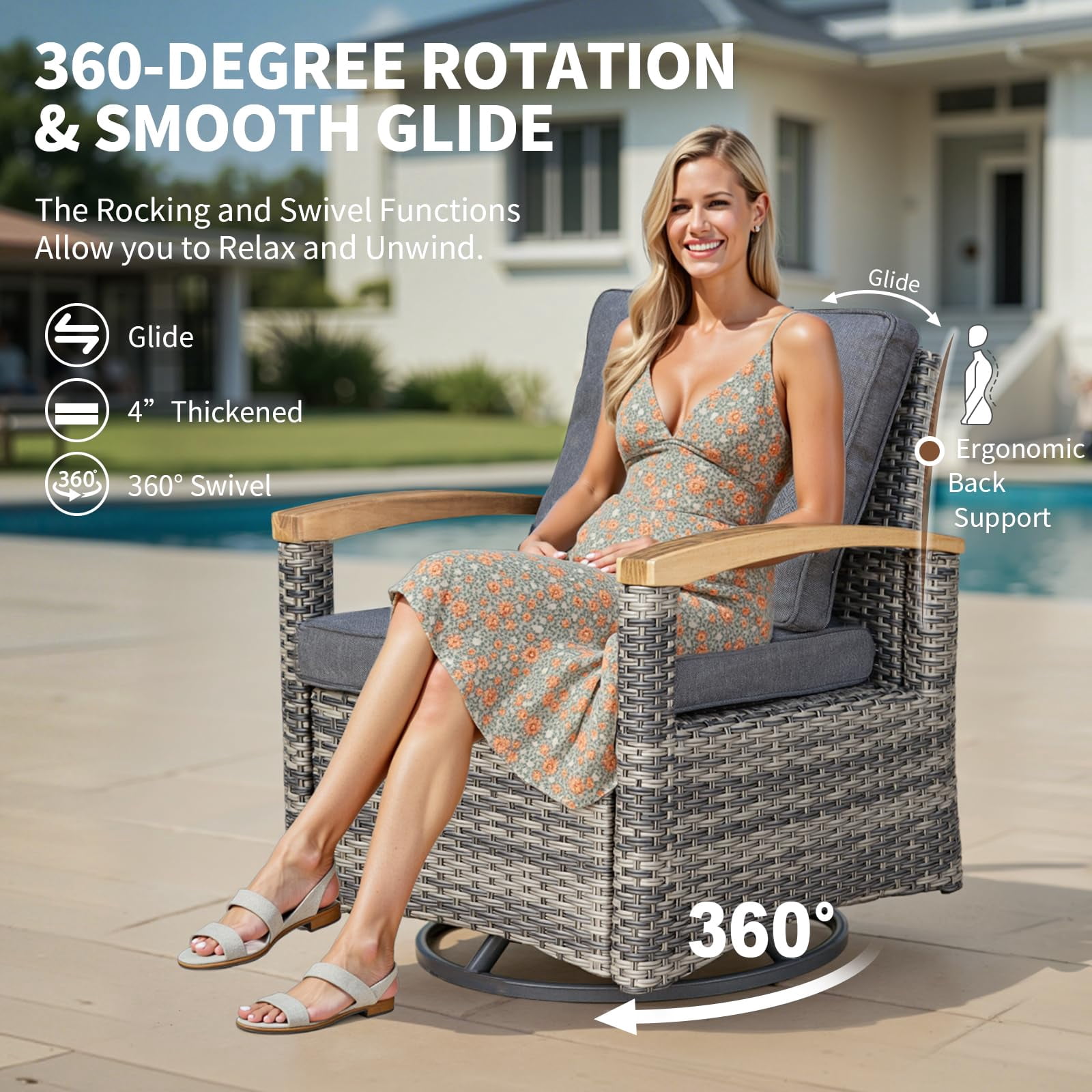 MEISSALIVVE 3 Pieces Outdoor Swivel Rocker, Patio Furniture Bistro Set with 360° Wood Armrests Swivel Rock Chairs and Side Table(Gray)