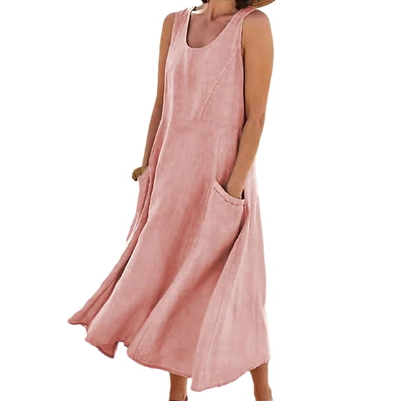 Qarigey Vestido de lino y algodón de verano para mujer, sin mangas, bohemio, de mil-pantorrilla, caftán suelto de Color liso para Vestidos Rosa/M