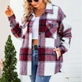 thumbnail image 7 of IROINNID Women's Short Woolen Jacket Turndown Lapel Plaid Long Sleeve Leisure Casual Pockets Tops Jacket Plaid Coat, Wine, 7 of 7