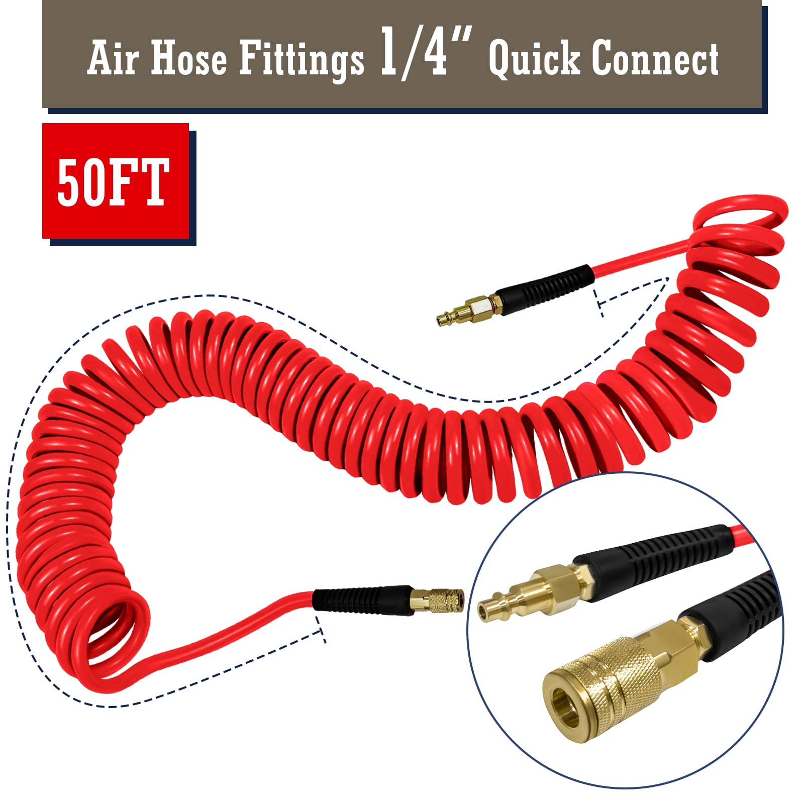 AGALI 1/4 in x 50 ft Polyurethane Air Hose with Bend Restrictor , Air Compressor Hose with 1/4 Solid 100% Pure Copper Quick Connect Fittings and I/M Plug Kit, Coiled PU Air Hose 1/4", Red