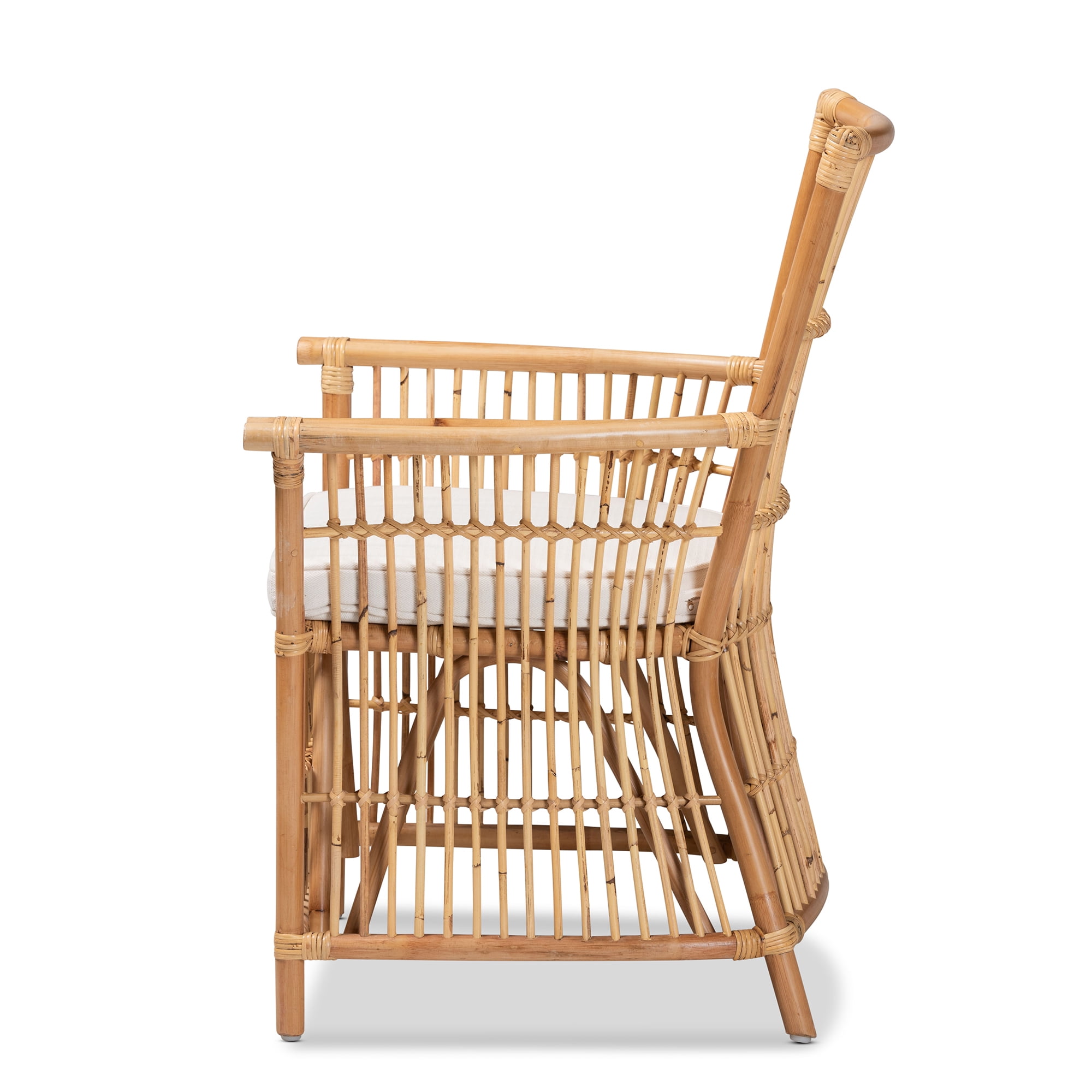 bali & pari Rose Modern Bohemian White Fabric Upholstered and Natural Brown Rattan Armchair
