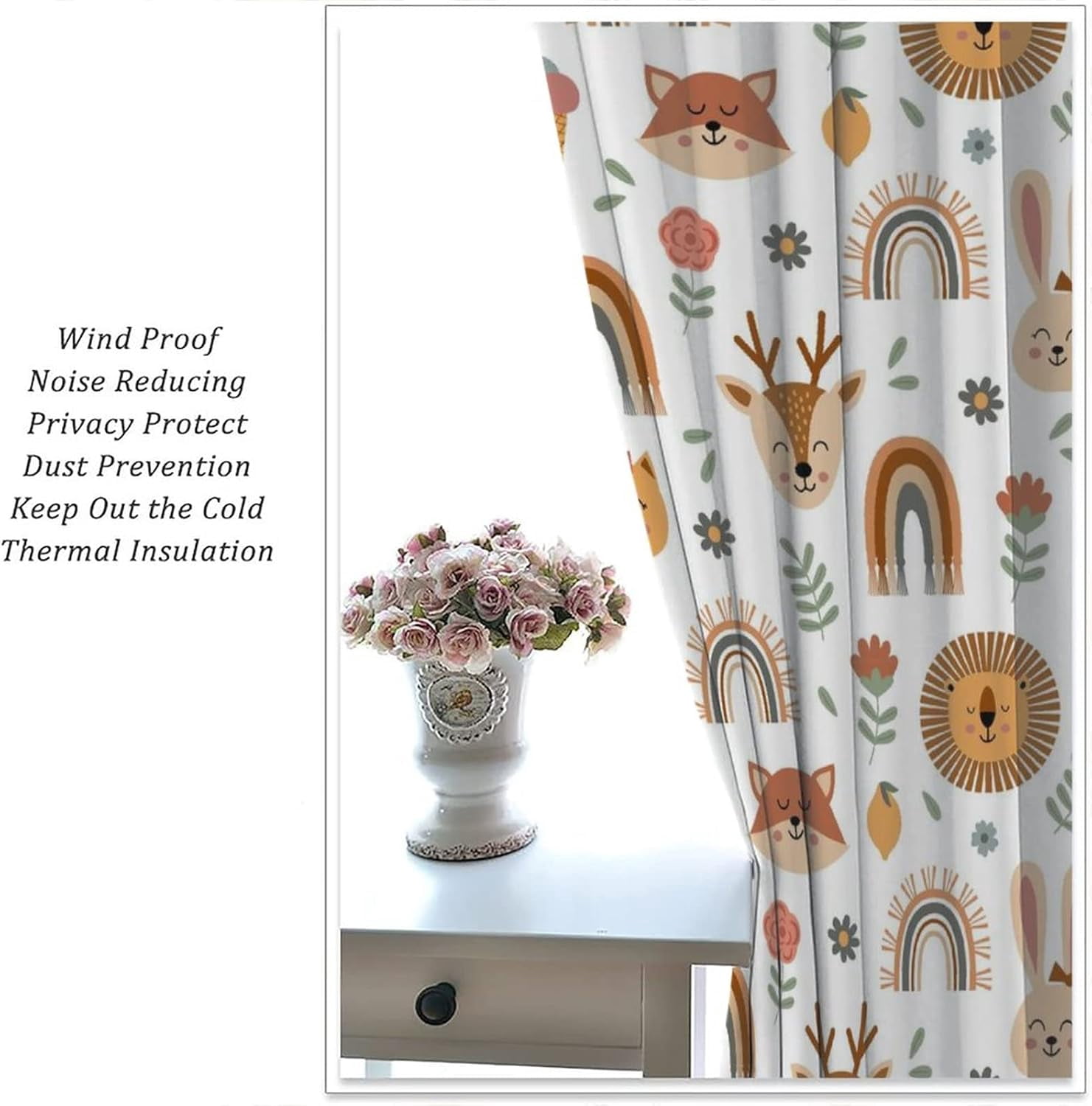 Kids Colorful Animals Curtains Cute Cartoon Funny Wildlife Rainbow Flower Leaf Art Print for Kids Bedroom Nursery Decor Rod Pocket Blackout Window Drapes 2 Panels 42x63in