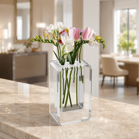 NIUBEE Flower Vase, Acrylic Clear Modern Decor Vase with Stem Holder 2-in-1 for Home Wedding Centerpiece, 7.87 inch