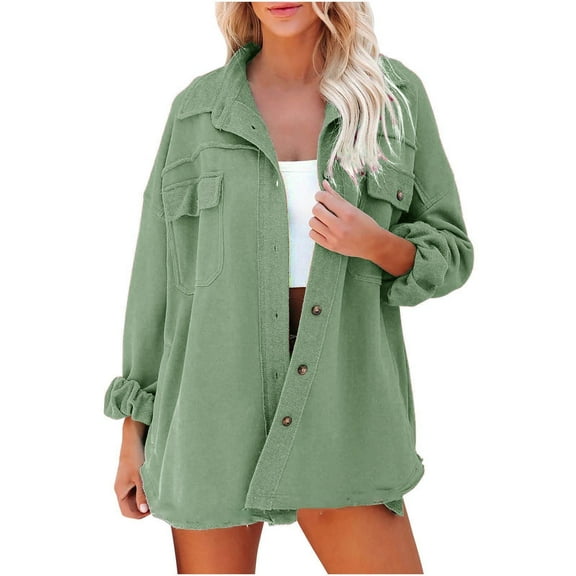 IROINNID Women's Casual Jacket Coat Turndown Lapel Solid Color Long Sleeve Loose Ladies Turn Down Jacket Pocket Coat Outerwear, Green