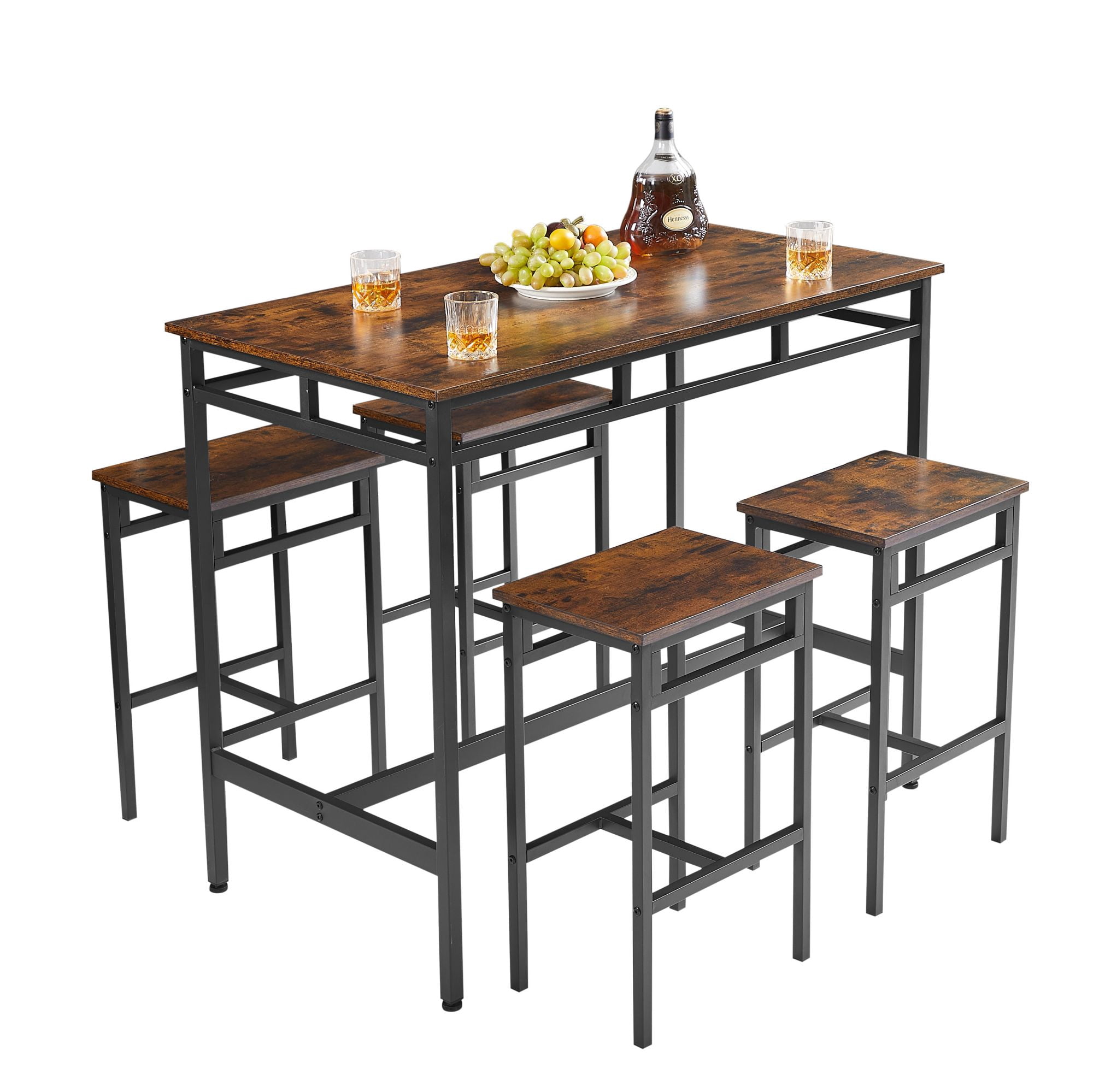 Aukfa 5-Piece Counter Height Dining Set, Bistro Pub Table Set with 4 Stools for Small Space, Rustic Brown