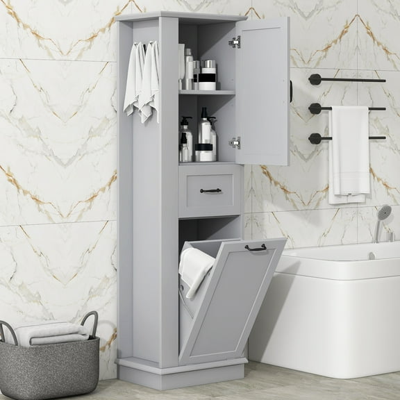 Euroco Tall Bathroom Storage Cabinet with Tilt-Out Hamper, Adjustable Shelves, Soft-Close Hinges, Side Hooks, Modern Slim Linen Tower Organizer