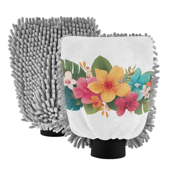 Microfiber Car Wash Gloves With Chenille & Polyester Terry Scratch-Free Cleaning Elastic Cuffs Tropical Flowers