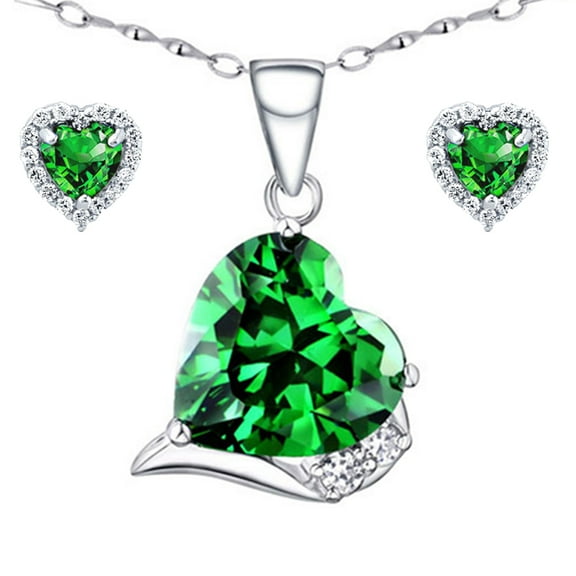 6.06 Carat TCW Heart Cut Gemstone Created Emerald 925 Sterling Silver Necklace Pendant and Earrings 3 Pieces Jewelry Set