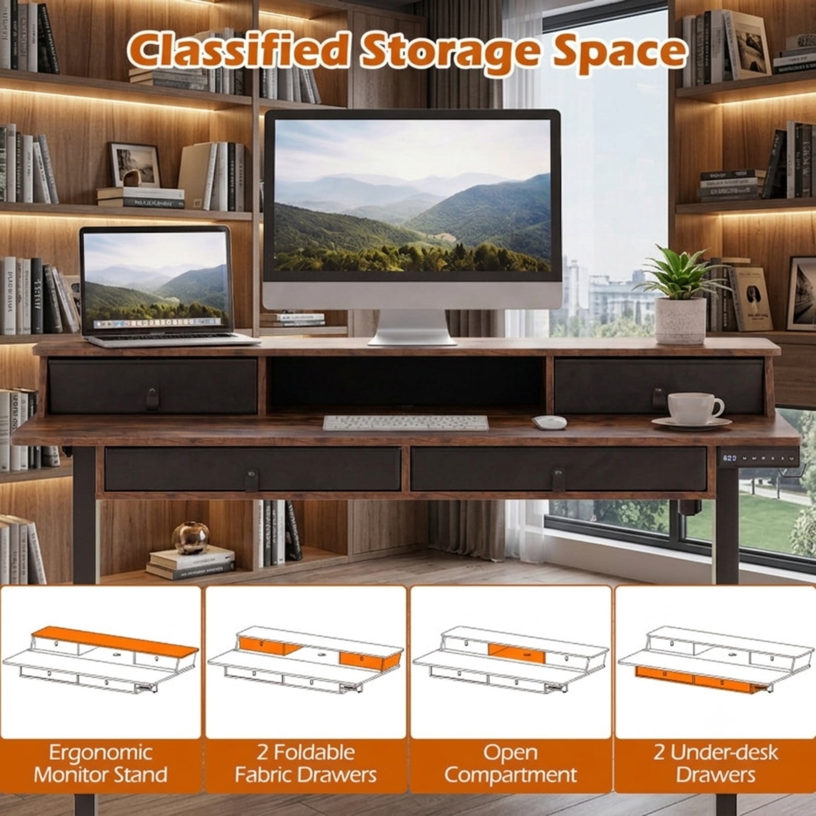Furnibear 55 x 27 Inch Electric Standing Desk with 4 Drawers Monitor Stand Memory Presets and Cable Management for Home Office, Rustic Brown