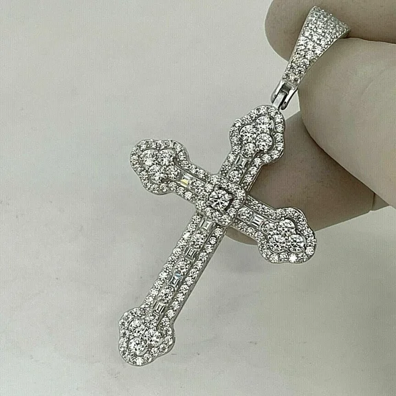 2 CT Round Cut Moissanite Cross Mens Pendant 14K White Gold Plated Silver
