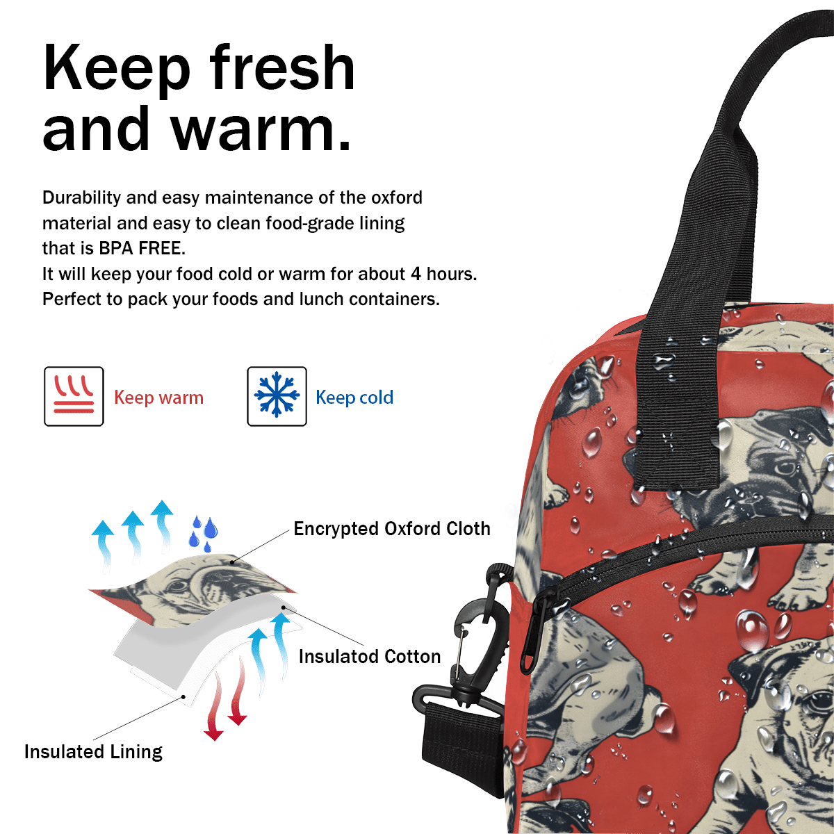 Herdesigns Bulldog Dogs Insulated Lunch Bag for Women Men Adults Large Reusable Lunch Box Leakproof Portable Cooler Tote Bags with Adjustable Shoulder Strap