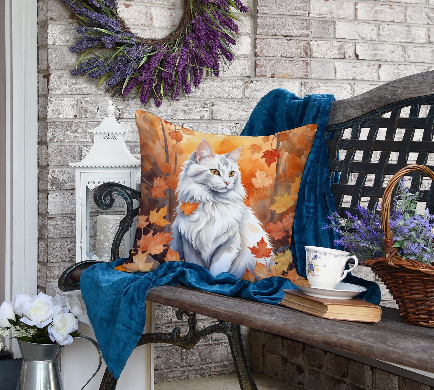 Turkish Angora Cat in Fall Leaves Throw Pillow Machine Washable  Indoor Outdoor Decorative Pillow for Couch  Bed or Patio  18Hx18W