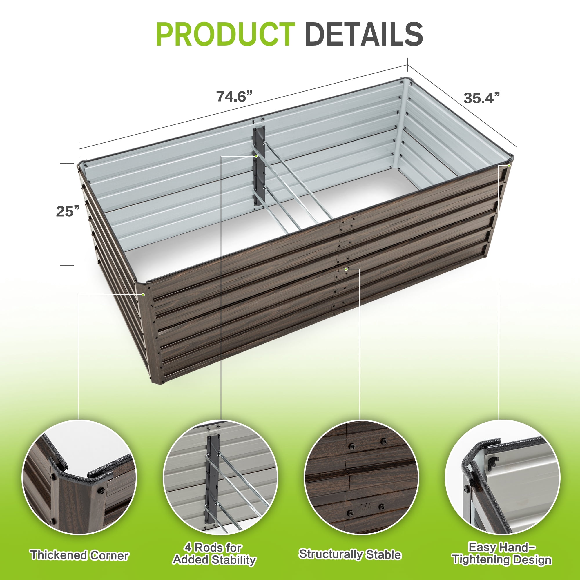 2 Pack Raised Garden Bed Kit, Metal Elevated Planter Box, Open Drainage Base, 8 Reinforcing Rods, Rustproof Steel with Safety Edging, Easy Assembly for Vegetables, Flowers, Herbs 74.6"x35.4"x25"