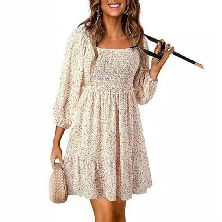 TIANZEN Womens Spring Summer Dresses Boho Floral Square Neck Smocked 3/4  Sleeve Casual A Line Swing Mini Dress Long Sleeve Fall Dresses for Women Bump  Friendly Dress Womens Dresses for Summer -