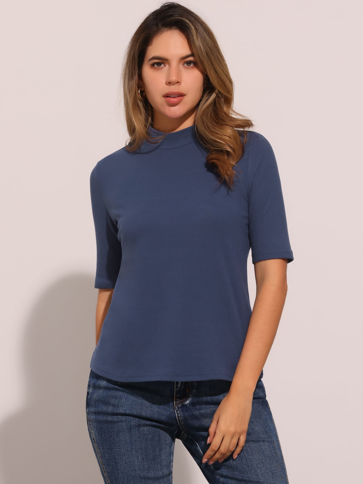 DARING DIVA Women's Half Sleeve Mock Turtleneck Casual Top S Gray Blue