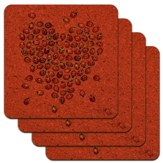 Red Heart Lady Bugs Love Valentine Low Profile Novelty Cork Coaster Set
