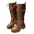 thumbnail image 3 of Rokment Gothic Chunky Knee High Combat Boots for Women Vintage Studded Buckles Platform Wide Calf Motorcycle Riding Tall Dress Boots Brown Size 8.5, 3 of 5