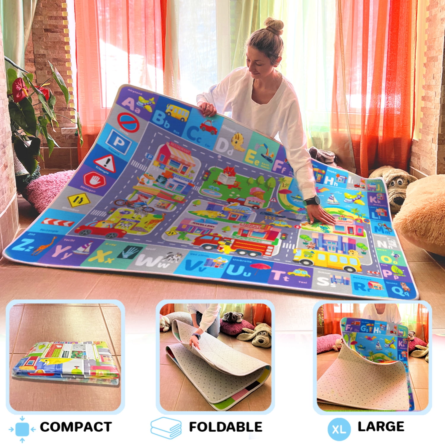 QUOKKA Floor Large Nursery Rug for Babies - Foldable Padded Non-Slip Rug with City for Kids Toddlers & Infants