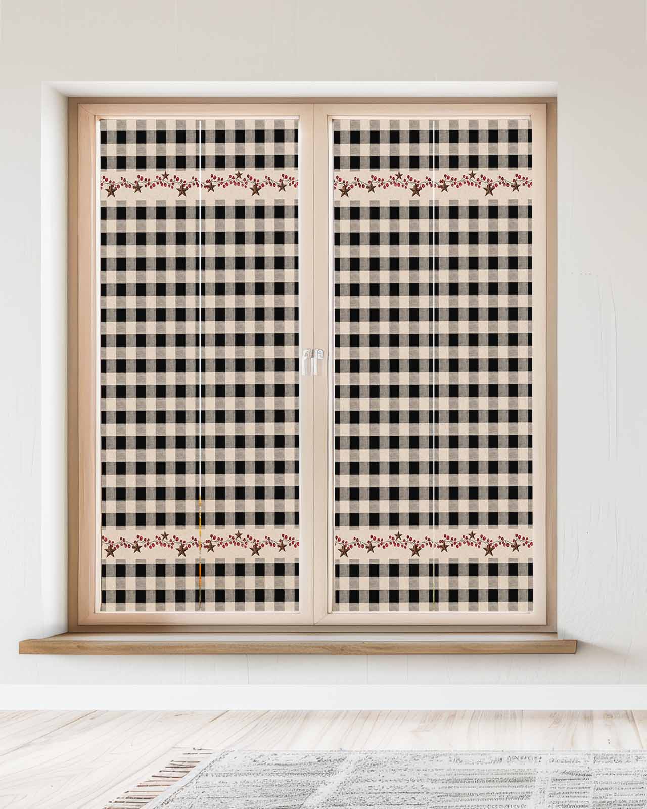 Window Privacy Film Country Star Plaid Stained Glass Window Film Decorative Sun Block Window Cover Black Retro American Farm Barn Berry Window Clings Static Adhesive Sticker for Bathroom 23.6"x59"