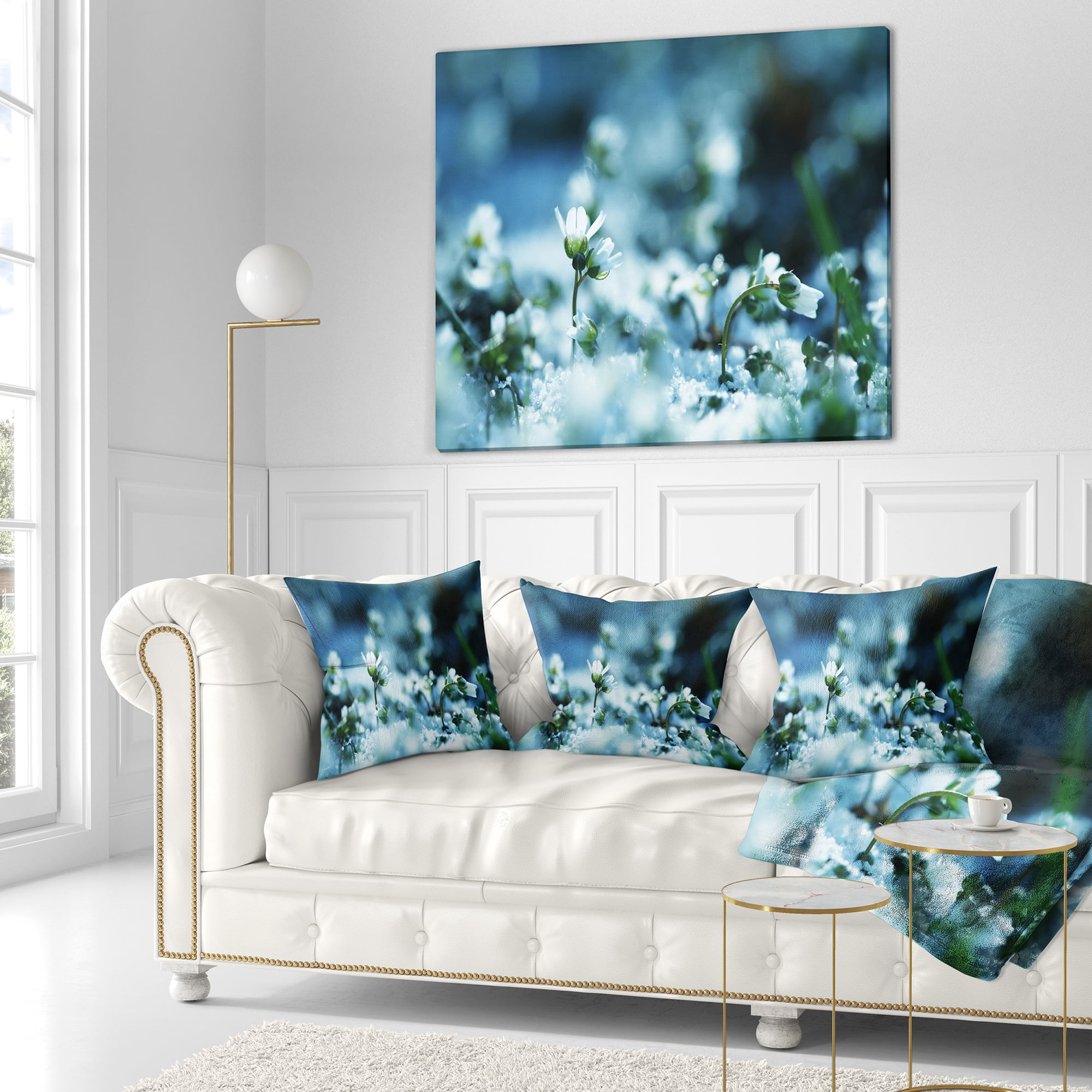Designart White Flowers on Blue Background - Floral Throw Pillow - 16x16