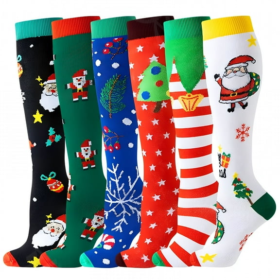 TELOLY 6 Pairs Compression Socks for Women Christmas Compression Socks for Women Circulation 20-30Mmhg, Cute Socks Support for Nurse, Pregnant, Running, Cycling, Christmas Stocking