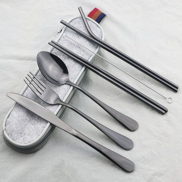 Vajilla negra de acero inoxidable 18/10, juego de cubiertos de paja, cuchara, tenedor, palillos con pajita, caja portátil, 8 unids/set por juego Fivean unisex