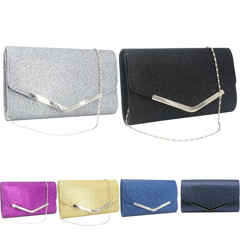 Women Glitter Envelope Clutch Bag Wedding Evening Handbag Chain Shoulder Bag (Silver) 