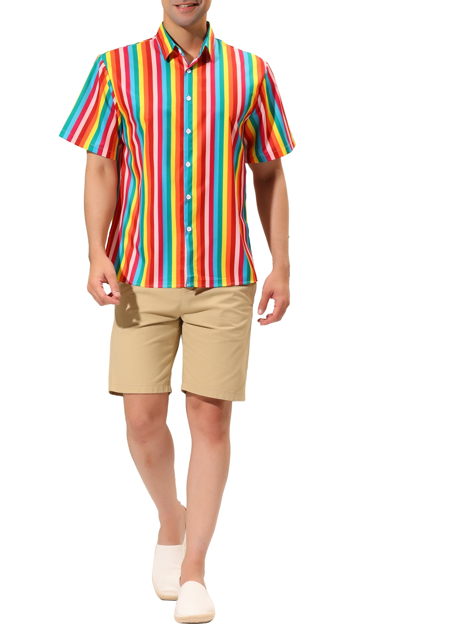 Unique Bargains Men's Summer Vertical Stripe Print Short Sleeve Button Down Shirts XL Rainbow