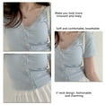 thumbnail image 3 of Blusa de manga corta ajustada con botonadura sencilla en color azul, talla S, camisa de verano con escote en V y ribete de encaje para mujer, 3 of 4