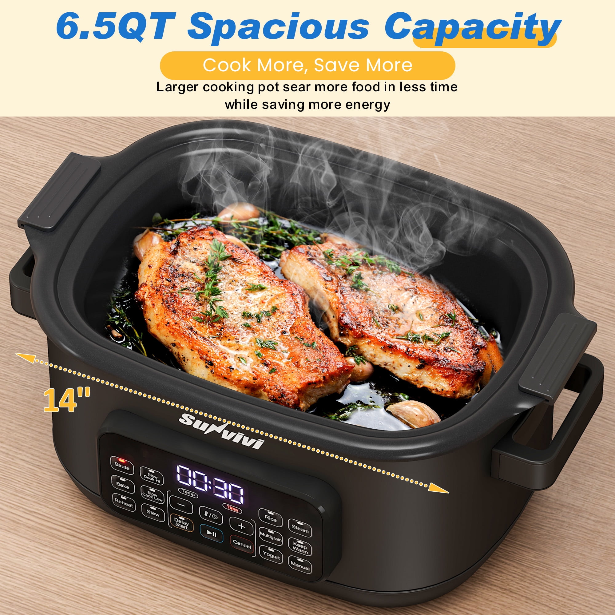 Sunvivi 12-in-1 Digital Programmable Slow Cooker, 6.5 QT Large Multicooker, Multi-Cooker with Timer, Temp Control, Black