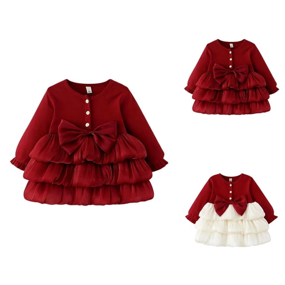 Elegant Girls Long Sleeve Bowknot Tiered Ruffled Party Dress for Toddler and Kids â Autumn Birthday Christmas with Buttons