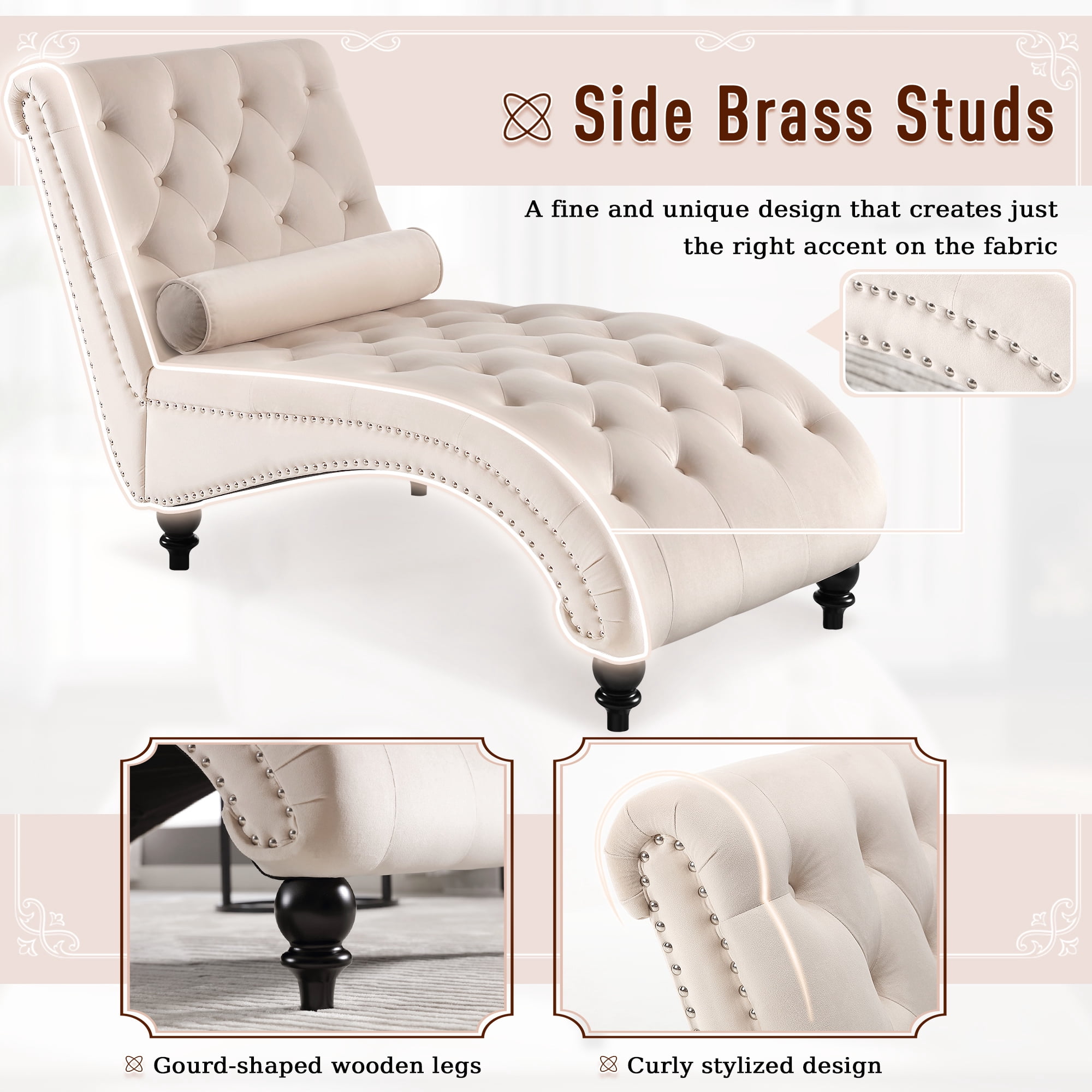 Lunale Chaise Lounge Indoor, Tufted Upholstered Accent Chair for Living Room, Beige Velvet