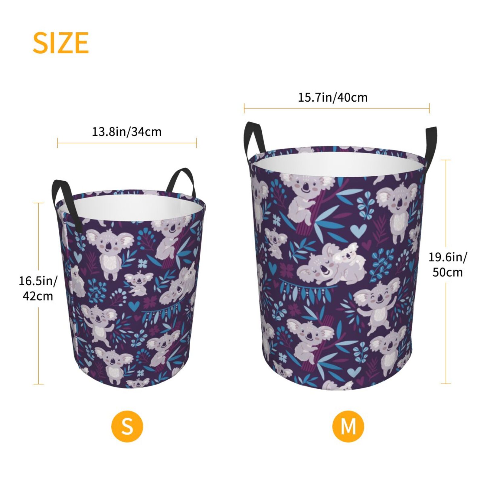 Large Laundry Basket with Handles - Blue Purple Branches Gray Koala Kids Baby Dirty Clothes Laundry Hamper for Bedroom Aesthetic