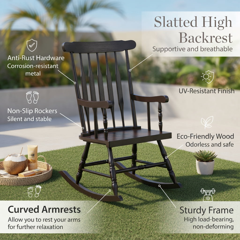 Hommoo Solid Rubber Wood Rocking Chair for Patio, Garden & Indoor Use, Ergonomic Outdoor Rocker with High Back & Curved Armrests, Black