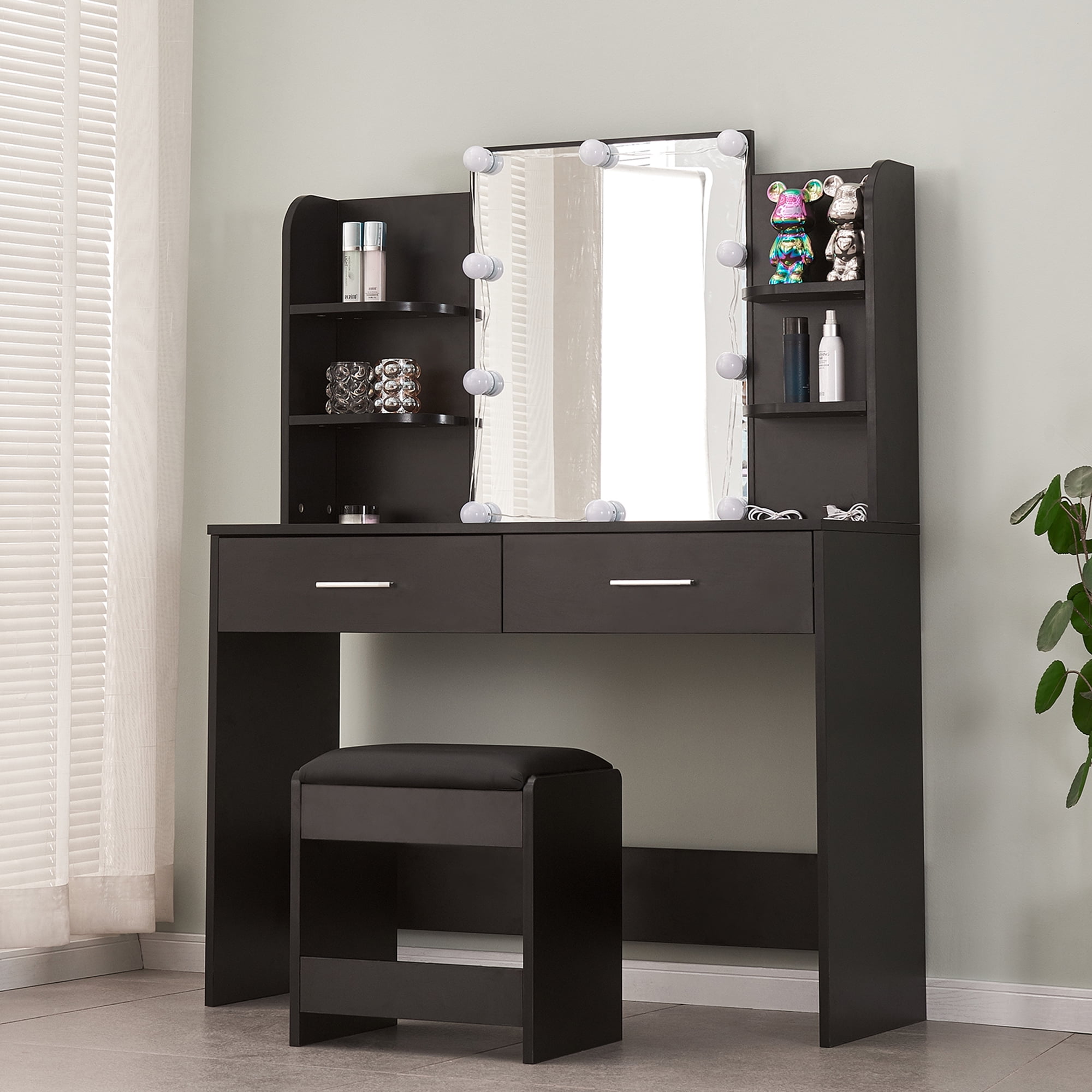 Kadyn Large Vanity Set, Vanity Table Set with 10 Light Bulbs, Makeup Vanity Desk with Cushioned Stool, 6 Storage Shelves 2 Drawers for Bedroom, Black Kadyn Large Vanity Set, Vanity Table Set with 10 Light Bulbs, Makeup Vanity Desk with Cushioned Stool, 6 Storage Shelves 2 Drawers for Bedroom, Black