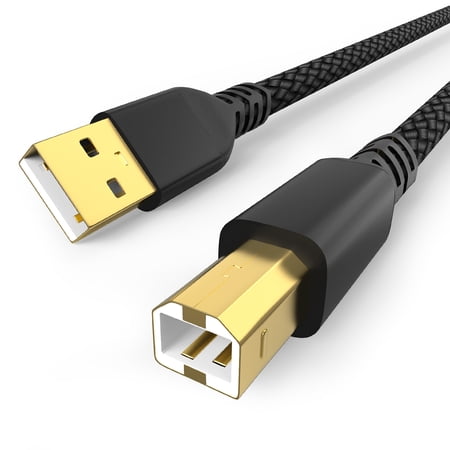 Sinoacc USB A to USB B Printer Cable, Nylon Braided 480Mbps High Speed Cable Cord Compatible with HP Canon Dell Epson Brother Lexmark Xerox Piano DAC Keyboard DJ Controller, Black, 6.6Ft