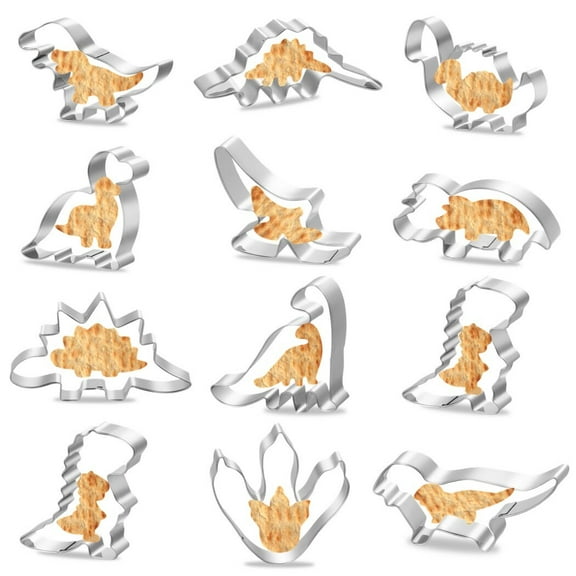 12PCS Dinosaur Cookie Cutters, 430 Stainless Steel Dinosaur Biscuit Stamps Molds, Jurassic Dino Shaped Pastry Cutters for Home DIY Biscuits, Candies, Fondants, Cake Toppers